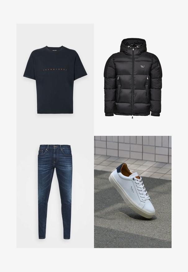 Zwarte pufferjack met capuchon, voorzien van een rits aan de voorkant, ritszakken aan de zijkant en een doorgestikt ontwerp. Gemaakt van glanzend, glad materiaal.; Zwart katoenen t-shirt met korte mouwen en een ronde hals. Aan de voorkant staat "JACK & JONES" in vet oranje lettertype. Gladde textuur.; Donkerblauwe denim jeans met een slim fit, subtiele vervaging, vijf zakken en een metalen knoopsluiting. Gestikte accenten in contrasterende kleur.; Witte leren sneaker met een marineblauwe hiel, ronde neus en contrasterende bruin accent. Beschikt over platte veters en een gestructureerde rubberen zool.