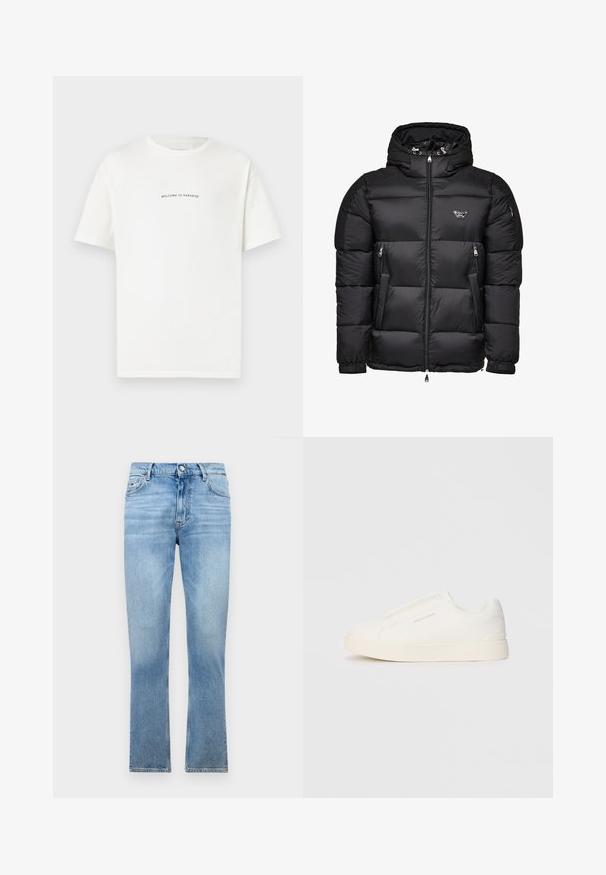 Sort pufferjakke med hætte, der har en lynlåslukning foran, lynlåslommer i siden og quiltet design. Lavet af skinnende, glat materiale.; Hvid bomulds t-shirt med korte ærmer og rund hals. Centreret tekst med teksten "VELKOMMEN TIL PARADIS" i en buet grøn skrifttype.; Tommy Jeans DAD REGULAR - Jeans Relaxed Fit - denim light; Hvide slip-on sneakers med en struktureret overflade, en tyk sål og et minimalistisk design. Har brandlogoet på siden.