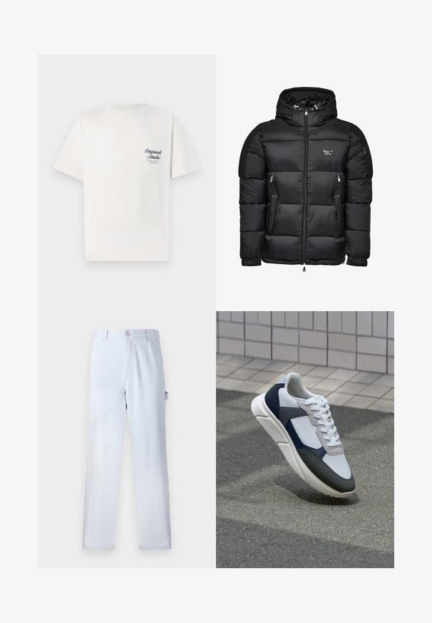 Black puffer jacket with a hood, featuring a zippered front, zippered side pockets, and quilted design. Made of shiny, smooth material.; White cotton t-shirt with short sleeves, featuring a small navy blue printed logo on the left chest area. Classic crew neck design.; Light blue striped trousers made of cotton. Straight-leg design, featuring a front button closure and side pockets. Soft texture.; White, navy, and gray sneaker with a mixed material design, featuring a textured upper, flat laces, and a cushioned sole.