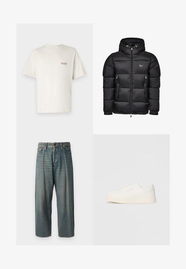 Mustmustakk musta kapuutsiga, millel on tõmblukuga eesmine osa, tõmblukuga küljetaskud ja tikandmuster. Valmistatud läikivast ja siledast materjalist.; Kreemitooni puuvillane t-särk lühikeste varrukatega, mille vasakul rinnal on väike punane trükitud logo. Lihtne, klassikaline disain.; Heledad sinine denim-stiilis teksad, volüümse lõike, keskmise kõrgusega talje ja sirgete säärega. Omab viit taskut, vöökumme ja nööpide sulgemist.; Valged libisemiskindlad tossud tekstuuriga pinnaga, paksu tallaga ja minimalistikus disainis. Küljel on brändi logo.