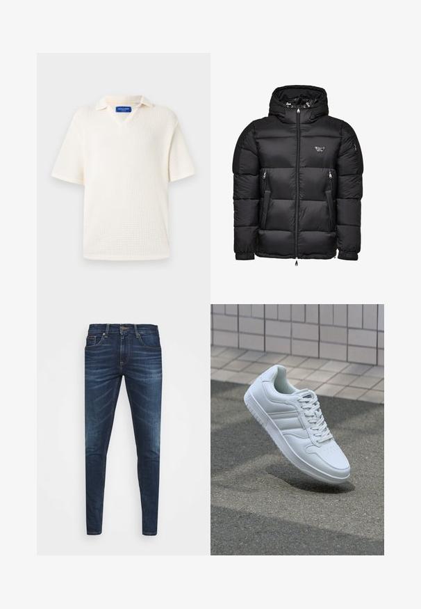Casaco acolchoado preto com capuz, apresentando um fecho frontal com zíper, bolsos laterais com zíper e um design acolchoado. Feito de material brilhante e suave.; Pólo de gola em V, de manga curta, feito de tecido texturado e tecido na cor off-white. Apresenta uma gola e uma pequena etiqueta da marca no interior.; Jeans de ganga azul escura com um corte slim, desbotamento suave, cinco bolsos e fecho com botão de metal. Detalhes costurados em cor contrastante.; Sapatilha desportiva branca com parte superior em couro liso, frente com atacadores, bico perfurado e sola padronizada. Design minimalista com três riscas laterais.