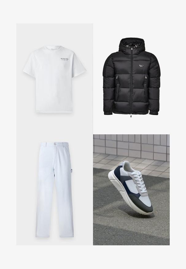 Sort pufferjakke med hætte, der har en lynlåslukning foran, lynlåslommer i siden og quiltet design. Lavet af skinnende, glat materiale.; Hvid bomulds t-shirt med korte ærmer, rund halsudskæring, med et lille sort tekstlogo "J&J since 1990 Society Club" på brystet.; Lysblå stribede bukser lavet af bomuld. Lige ben design med knaplukning foran og sidelommer. Blød tekstur.; Hvide, marineblå og grå sneakers med et design i blandede materialer, der har en tekstureret overdel, flade snørebånd og en polstret sål.