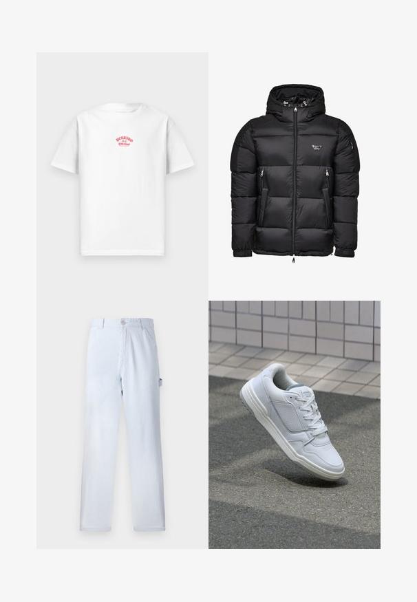 Mustat puffatakkia, jossa on huppu, vetoketjullinen etuosa, vetoketjulliset sivutaskut ja tikkikuvio. Valmistettu kiiltävästä, sileästä materiaalista.; Valkoinen puuvillapaita, jossa on punainen printti, jossa lukee "Perdido en el paraíso" rinnan kohdalla. Lyhyt hiha, rento istuvuus.; Vaaleansinisiä raidallisia housuja, jotka on valmistettu puuvillasta. Suora lahjemuotoilu, jossa on etunappi ja sivutaskut. Pehmeä pinta.; Valkoinen nahkakengät, joissa on rei'itetyt sivut, teksturoituja yksityiskohtia, tasaiset nauhat ja erottuva harmaa kanta. Varrella on hieman kohotettu pohja.