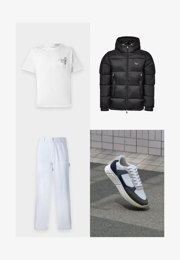 Svart pufferjakke med hette, med glidelås foran, glidelåslommer i sidene og kviltet design. Laget av glansfullt, glatt materiale.; Hvit bomull t-skjorte med korte ermer, med et trykt grafisk motiv på venstre brystområde. Designet inkluderer tekst og palmeakenter.; Lyseblå stripete bukser laget av bomull. Rett ben-design, med knappelukking foran og sidelommer. Myk tekstur.; Hvitt, marineblått og grått sportsko med en blandet materialdesign, som har en teksturert overdel, flate snørebånd og en polstret såle.