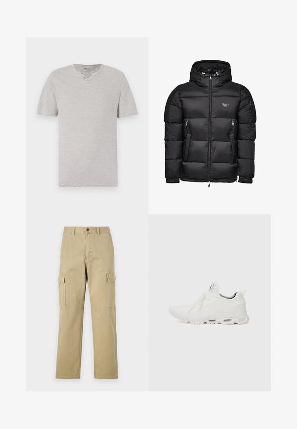 Casaco acolchoado preto com capuz, apresentando um fecho frontal com zíper, bolsos laterais com zíper e um design acolchoado. Feito de material brilhante e suave.; T-shirt de mangas curtas, com riscas cinza e brancas, collar redondo e detalhe de dois botões no decote. Tecido suave com um corte descontraído.; Calças cargo bege feitas de algodão, com dois bolsos laterais, fecho de botão e pernas retas com um tecido ligeiramente texturizado.; Ténis atléticos brancos com um superior em malha texturizada, atacadores planos e uma sola acolchoada com câmaras de ar visíveis para maior suporte.