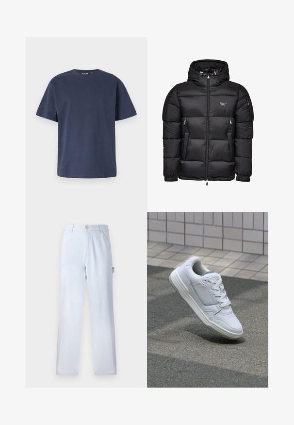 Black puffer jacket with a hood, featuring a zippered front, zippered side pockets, and quilted design. Made of shiny, smooth material.; Navy blue cotton t-shirt with a round neckline and short sleeves. Smooth texture, straight cut, and minimal seams, providing a classic design.; Light blue striped trousers made of cotton. Straight-leg design, featuring a front button closure and side pockets. Soft texture.; White leather sneaker with perforated sides, textured accents, flat laces, and a contrasting gray heel. Features a slightly elevated sole.