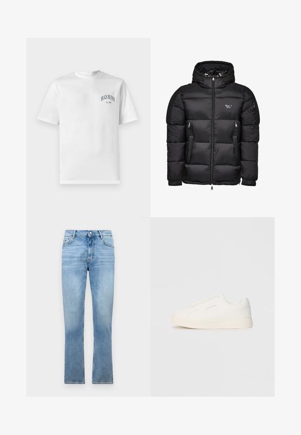 Melna pūka jaka ar kapuci, ar rāvējslēdzēju priekšpusē, rāvējslēdzēja sānu kabatām un quilted dizainu. Izgatavota no spīdīga, gluda materiāla.; Balts kokvilnas T-krekls ar īsām piedurknēm, uz kura ir teksts "Bugs Bunny" tumši zilā krāsā un "Est. 1940" zem tā. Standarta apaļais kakla izgriezums.; Tommy Jeans DAD REGULAR - Brīva piegriezuma džinsi - denim light; Baltas slip-on sporta apavi ar teksturētu virsmu, biezu zoli un minimālistisku dizainu. Sānos redzams zīmola logotips.