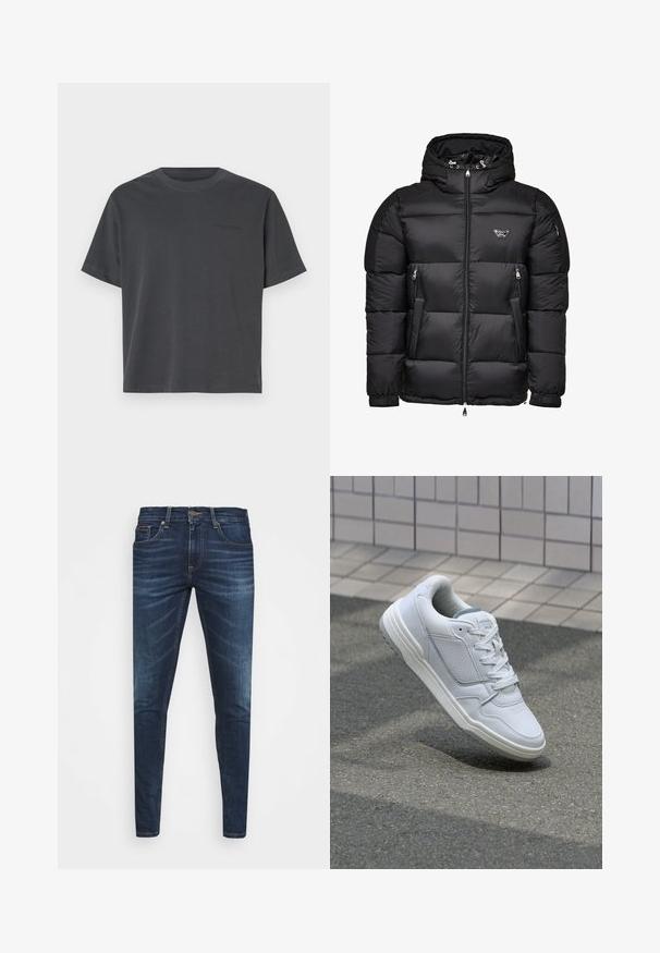 Juodas pūkinis švarkas su kapišonu, su užtrauktuku priekyje, užtrauktukais šoninėse kišenėse ir siuvinėta struktūra. Pagamintas iš blizgaus, lygaus audinio.; Tamsiai pilka medvilninė marškinėliai su apvaliu iškirptimu, trumpomis rankovėmis, tiesiu sijonu ir subtiliu tekstu ant krūtinės.; Tamsiai mėlynos džinsinės kelnės su liesu siluetu, subtiliu nusidėvėjimu, penkiomis kišenėmis ir metaliniu mygtuku užsegimui. Įsiūtos akcentai kontrastinga spalva.; Baltos odinės sportinės bateliai su perforuotais šonais, tekstūruotais akcentais, plokščiomis raištelėmis ir kontrastingu pilku kulnu. Yra šiek tiek pakelti padas.