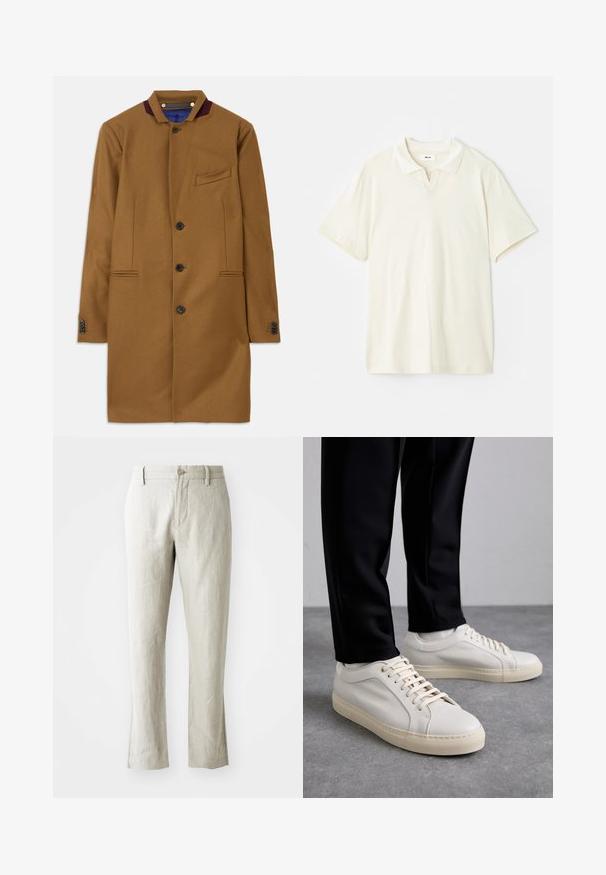 Hnedý vlnený kabát s rovnými líniami, dvoma prednými vreckami, piatimi čiernymi gombíkmi a bordovým akcentom na golieri. Obsahuje textúrovanú látku.; Krémová polokošeľa s klasickým golierom, krátkymi rukávmi a jemným v-rezom na výstrihu. Hladká textúra a minimálny dizajn.; Svetlo béžové ľanové nohavice s rovným strihom, jemnou textúrou, predným zapínaním na gombík a dvoma bočnými vreckami. Ušité pre čistý siluetu.; Svetlo béžové kožené tenisky s plochými šnúrkami, textúrovaným povrchom a kontrastnou krémovou gumovou podrážkou, skombinované s čiernymi zúženými nohavicami.