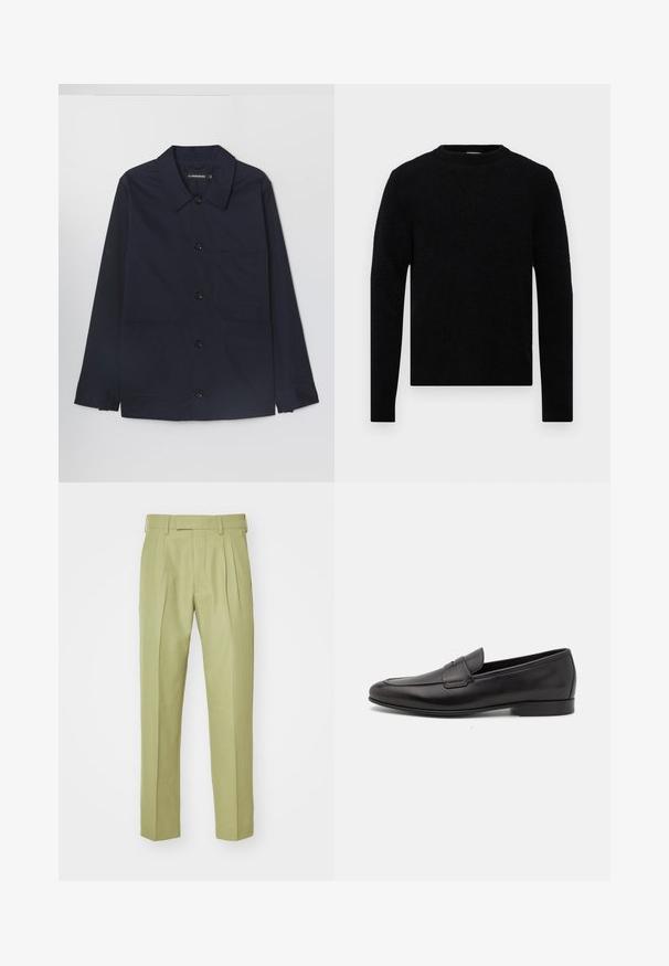 Veste en coton bleu marine avec un col ouvert, fermeture à boutons à l'avant et deux poches plaquées à l'avant. Dispose de manches longues avec des poignets boutonnés.; Filippa K SWEATER - Pullover - black; Pantalon vert clair, fabriqué en tissu doux, doté d'une taille haute, de doubles plis et de jambes droites avec une finition sur mesure.; Mocassin pour homme en cuir noir avec un petit talon et un design classique à lanière penny, présenté en profil sur fond blanc.