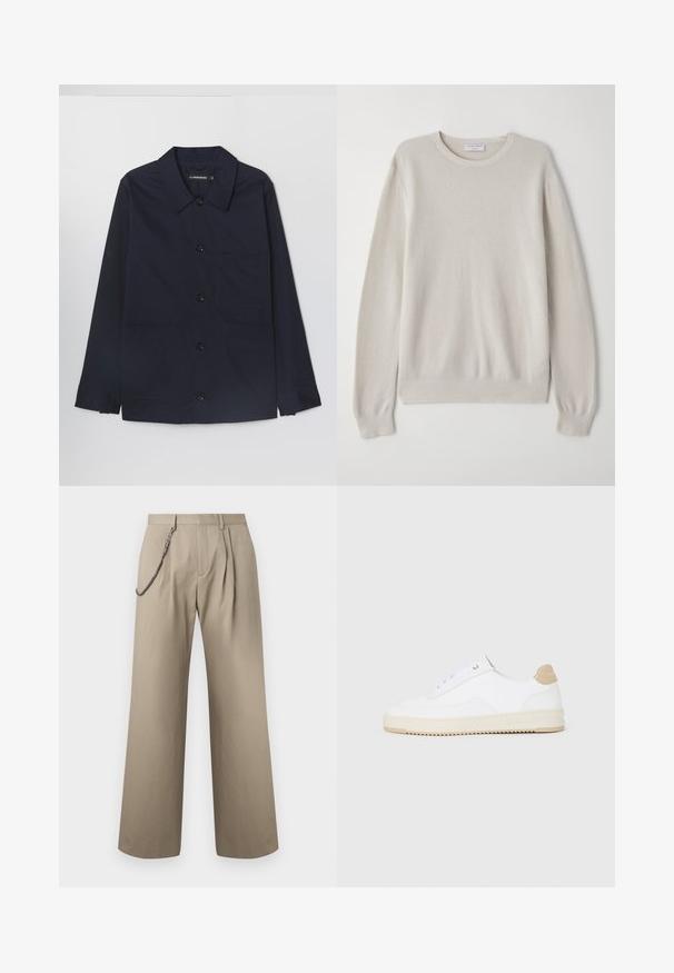 Marineblauwe katoenen jas met een spreidkraag, voor sluiting met knopen en twee voorste klepzakken. Voorzien van lange mouwen met knoopmanchetten.; Lichtbeige trui van zacht breiwerk. Ronde halslijn, lange mouwen, ribgebreide manchetten en zoom met subtiele textuurdetails.; Beige wijde broek met plooien aan de voorkant en een metalen ketting bevestigd aan de linkerceintuurlus voor stijl.; Witte lage sneakers van textuurleer met een romige, ribbelige zool en een tankleurige hakaccent. Voorzien van witte veters en logodetail op de hak.
