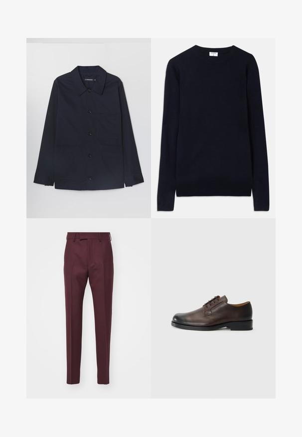 Marinblå bomullsjacka med spridd krage, framknäppning med knappar och två framsydda fickor. Har långa ärmar med knäppning vid cuffs.; Mörkblå crew-neck tröja i mjukt material, med långa ärmar och ribbad detalj vid kragen och fållen. Ren, minimalistisk design.; Burgundifärgade skräddarsydda byxor med rak passform, slät textur och pressade veck. Har bältesloopar och framfickor.; Brun lädersko med rund tå, låg klack, snörning och slät yta. Har minimal sömnad och en polerad finish.