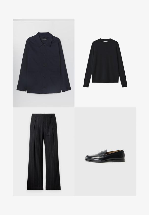 Laivaston värinen puuvillatakki, jossa on leveä kaulus, etunapitus ja kaksi etupatch-taskua. Ominaisuuksiin kuuluu pitkät hihat, joissa on napilla varustetut hihansuut.; Mustat neulotut neuleet pitkällä hihalla, pyöreä pääntie ja ribbireunus. Pehmeä rakenne, ei näkyviä kuvioita tai lisävarusteita.; Mustat pinstriped-housut, joissa on leveä lahjesuunnittelu, etupuolella laskokset ja sileä rakenne. Ei näkyviä taskuja tai metalliosia.; Nahka loaferit mustana, jossa on sileä pinta, pyöreä kärki, koristeelliset tikkaus ja pieni metallikoriste edessä.