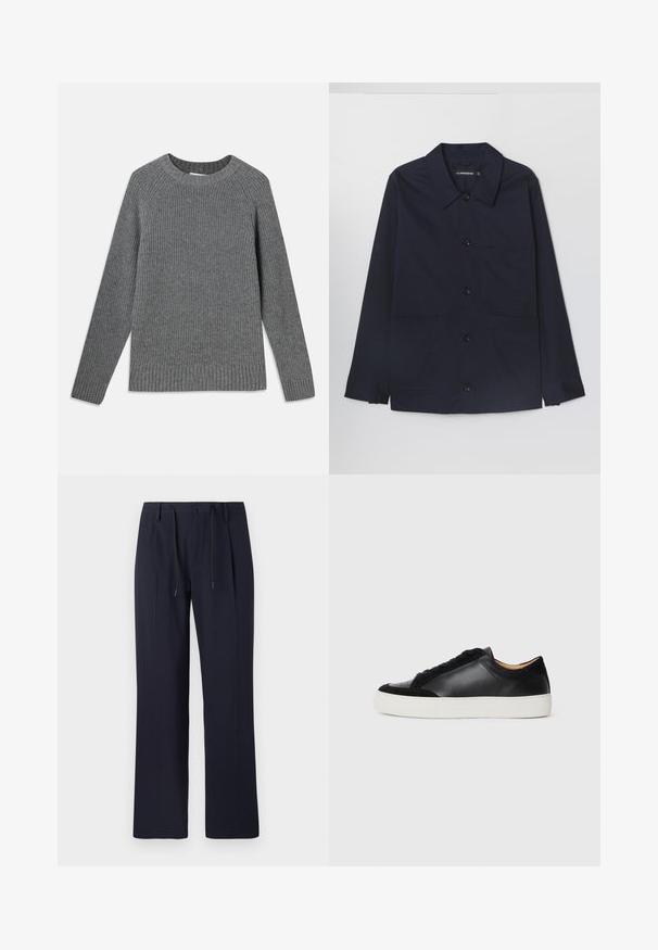 Giacca in cotone blu navy con colletto aperto, chiusura frontale a bottoni e due tasche applicate sul davanti. Presenta maniche lunghe con polsini abbottonati.; Maglione grigio a coste con maniche lunghe, scollatura rotonda e tessuto texturizzato. Presenta orli a coste ai polsini e alla base.; Pantaloni blu navy con design a gamba dritta, realizzati in tessuto testurizzato. Presentano una chiusura frontale con bottone e una vita regolabile con cordoncino.; Sneaker nera in pelle con accenti in suede, punta rotonda, suola piatta in gomma bianca e texture contrastanti sulla parte superiore e sui lacci.