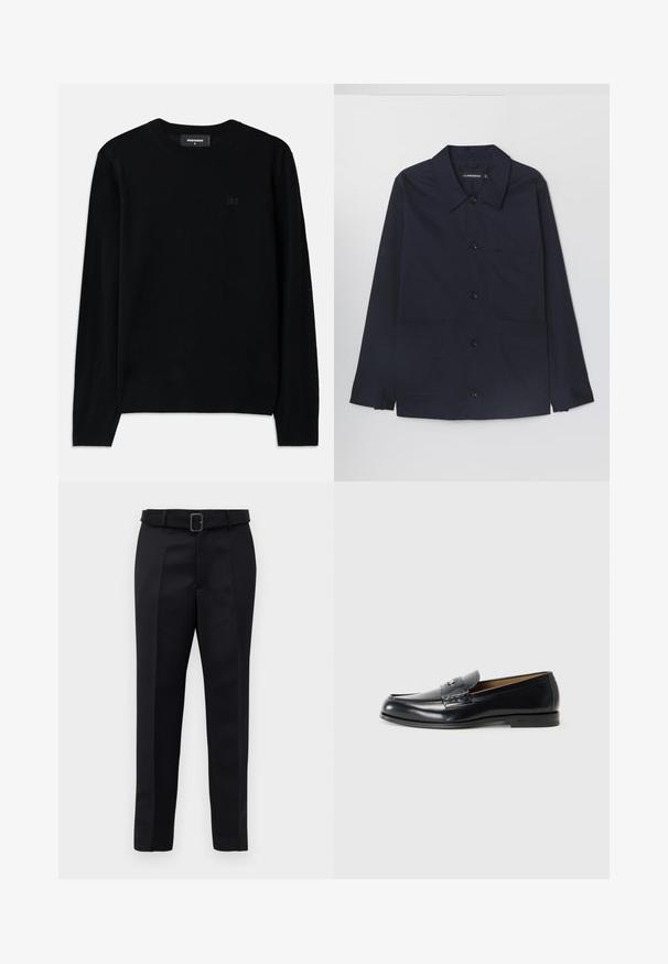 Giacca in cotone blu navy con colletto aperto, chiusura frontale a bottoni e due tasche applicate sul davanti. Presenta maniche lunghe con polsini abbottonati.; Maglione nero a collo rotondo realizzato in morbido tessuto. Presenta maniche lunghe e un sottile dettaglio logo D2 sulla parte anteriore. Design semplice e classico.; I pantaloni neri su misura presentano un tessuto liscio, una linea dritta e una vita con cintura dotata di una fibbia rettangolare. Le pieghe frontali notevoli arricchiscono il design.; Mocassini in pelle neri con finitura liscia, punta rotonda, cuciture decorative e un piccolo dettaglio metallico sul davanti.
