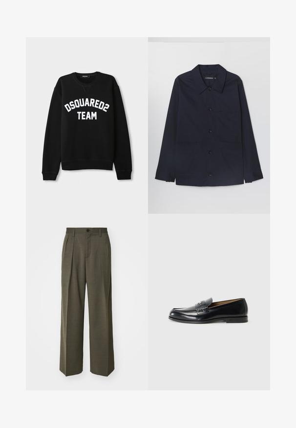 Giacca in cotone blu navy con colletto aperto, chiusura frontale a bottoni e due tasche applicate sul davanti. Presenta maniche lunghe con polsini abbottonati.; Maglione nero con maniche lunghe, scollatura tonda e testo bianco "DSQUARED2 TEAM" sul petto. Tessuto morbido, polsini e orlo a coste.; Filippa K WIDE TROUSERS - Pantaloni - driftwood; Mocassini in pelle neri con finitura liscia, punta rotonda, cuciture decorative e un piccolo dettaglio metallico sul davanti.
