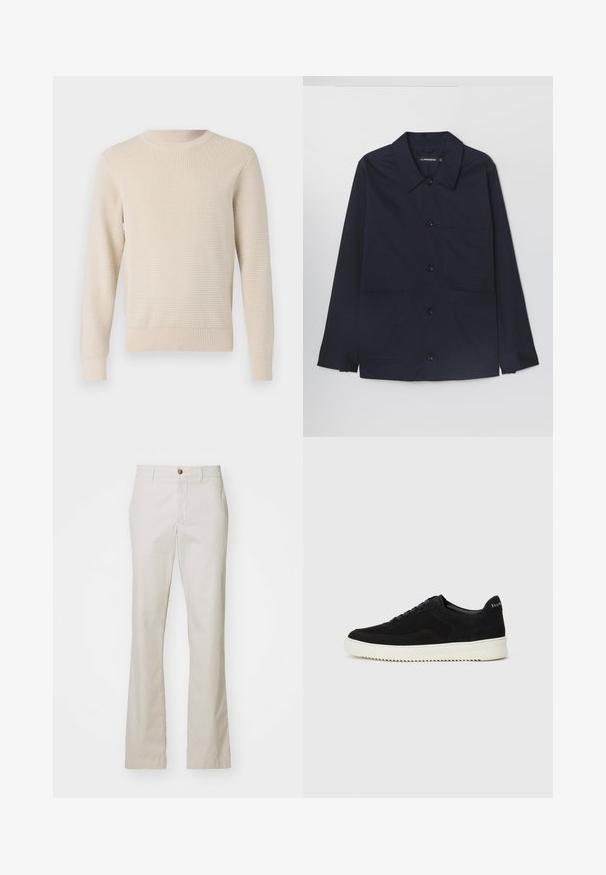 Marineblauwe katoenen jas met een spreidkraag, voor sluiting met knopen en twee voorste klepzakken. Voorzien van lange mouwen met knoopmanchetten.; Beige gebreide trui met een gestructureerd patroon, ronde halslijn en geribde manchetten en zoom. Klassieke pasvorm met lange mouwen.; J.LINDEBERG LOIS CLOUD PANTS - Broek - moonbeam; Zwarte suède sneakers met vetersluiting en contrasterende witte rubberen zool. Voorzien van textuurpanelen aan de zijkanten en subtiele branding op de hiel.