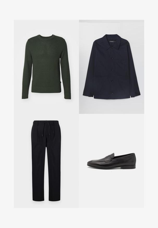 Veste en coton bleu marine avec un col ouvert, fermeture à boutons à l'avant et deux poches plaquées à l'avant. Dispose de manches longues avec des poignets boutonnés.; J.LINDEBERG OLIVER STRUCTURE - Pullover - forest green; Pantalons noirs en tissu lisse, avec une taille à cordon, des jambes droites et des plis avant pour un look structuré.; Mocassin pour homme en cuir noir avec un petit talon et un design classique à lanière penny, présenté en profil sur fond blanc.