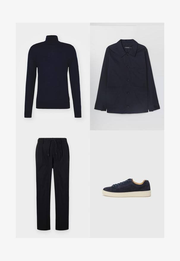 Marineblauer Baumwolljacke mit einem Kentkragen, frontaler Knopfleiste und zwei aufgesetzten Taschen vorne. Sie verfügt über lange Ärmel mit geknöpften Manschetten.; Tiger of Sweden NEVILE - Strickpullover - light ink; Schwarze Hose aus glattem Stoff, mit einem Kordelzugbund, geraden Beinen und einer Vorderfalte für einen strukturierten Look.; Marineblaues Wildleder-Low-Top-Sneaker mit runder Zehenpartie, off-white Gummisohle und passenden Schnürsenkeln; hat ein kontrastierendes, tannfarbiges Innenfutter.
