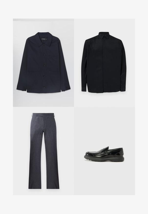 Granatowa bawełniana kurtka z rozkładanym kołnierzem, z przodu zapinana na guziki oraz dwoma kieszeniami naszytymi z przodu. Posiada długie rękawy z mankietami zapinanymi na guziki.; Czarna, długa koszula z długim rękawem, wykonana z gładkiej tkaniny, z klasycznym kołnierzykiem, zapięciem na guziki oraz luźnym krojem i mankietami. ; Szare dopasowane spodnie wykonane z teksturowanej tkaniny, charakteryzujące się prostym krojem, subtelnym zagięciem oraz bocznymi pętlami w pasie do przypinania paska.; Czarne skórzane mokasyny o błyszczącym wykończeniu, zaokrąglonym nosku, subtelnych detalach szycia i grubym gumowym spodzie dla trwałości.