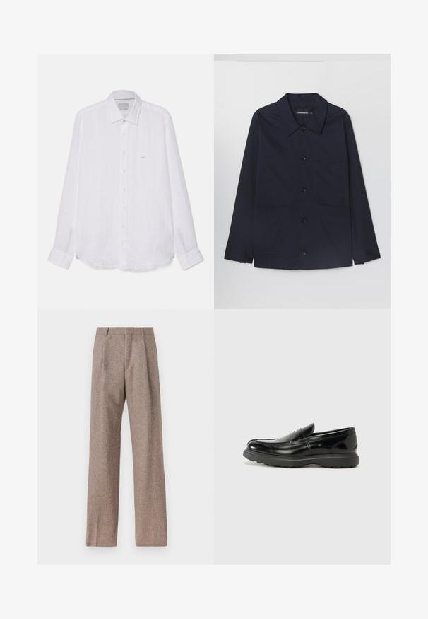 Granatowa bawełniana kurtka z rozkładanym kołnierzem, z przodu zapinana na guziki oraz dwoma kieszeniami naszytymi z przodu. Posiada długie rękawy z mankietami zapinanymi na guziki.; Biała koszula z długim rękawem wykonana z lnu. Posiada spiczasty kołnierz, pełne zapięcie na guziki oraz małe haftowane logo po lewej stronie klatki piersiowej.; Brązowe, wysokiej talii spodnie wykonane z teksturowanej tkaniny. Posiadają szerokie nogawki i dwa przednie zakładki dla lepszej struktury. Starannie wykończone, bez widocznych elementów metalowych.; Czarne skórzane mokasyny o błyszczącym wykończeniu, zaokrąglonym nosku, subtelnych detalach szycia i grubym gumowym spodzie dla trwałości.