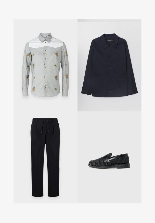 Marineblå bomuldsjakke med spredt krave, frontlukning med knapper og to frontlommer med klap. Har lange ærmer med knappedetaljer ved håndleddene.; Langærmet skjorte i lys grå med hvidt skuldre, prydet med gul blomsterbroderi og sølvknapper. Blødt stof med en glat overflade.; Sorte bukser lavet af glat stof, med snor i taljen, lige ben og frontfolder for et struktureret udseende.; Sort vævet slip-on sko med en glat læderdetalje på overdelen, en rund tådesign og en lavprofil gummisål.