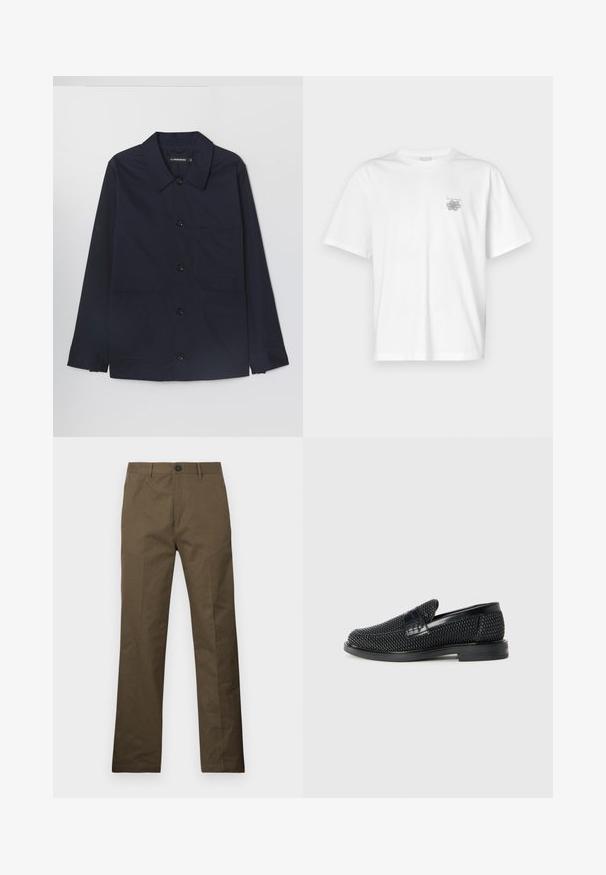 Marineblå bomuldsjakke med spredt krave, frontlukning med knapper og to frontlommer med klap. Har lange ærmer med knappedetaljer ved håndleddene.; Hvid t-shirt lavet af bomuld med korte ærmer, rund halsudskæring og et lille gråt logo på venstre brystområde. Glat tekstur.; Brune bomuldsbukser med lige snit, forsynet med en knaplukning og sidelommer, præsenteret mod en hvid baggrund.; Sort vævet slip-on sko med en glat læderdetalje på overdelen, en rund tådesign og en lavprofil gummisål.