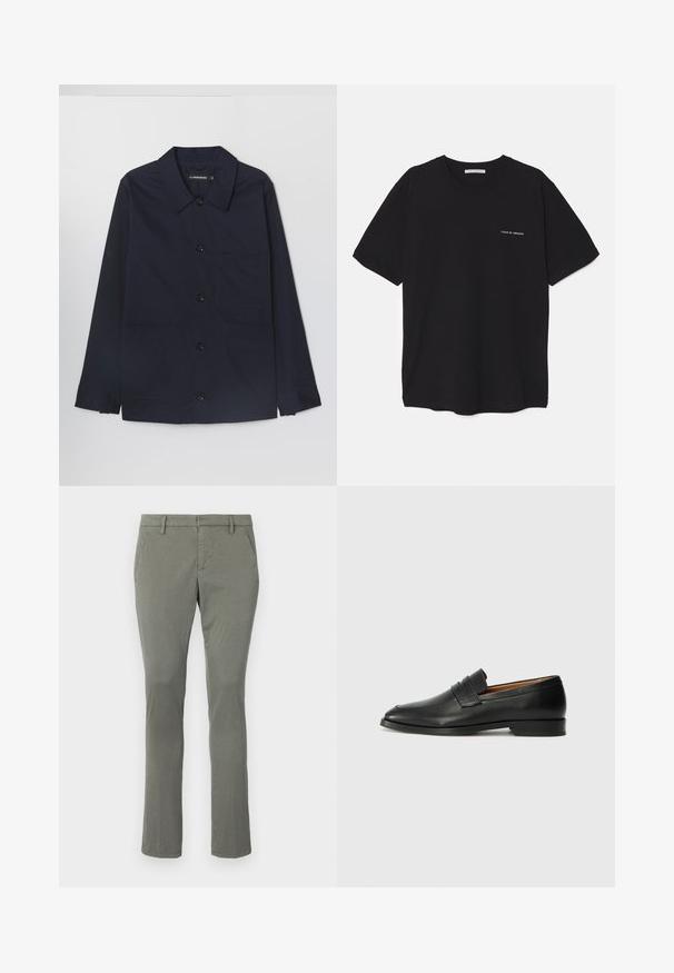 Giacca in cotone blu navy con colletto aperto, chiusura frontale a bottoni e due tasche applicate sul davanti. Presenta maniche lunghe con polsini abbottonati.; T-shirt in cotone nero con collo rotondo, maniche corte e stampa bianca del logo sul lato sinistro del petto. Design semplice e monocromatico.; Chinos grigi con design a gamba dritta, dotati di due tasche laterali e una vita pulita. Realizzati in un tessuto leggero e liscio.; Mocassino in pelle nera con punta arrotondata, dettagli cuciti sottili e tacco basso, caratterizzato da una texture liscia e un design minimalista.