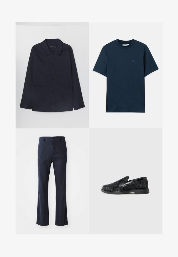 Marineblauwe katoenen jas met een spreidkraag, voor sluiting met knopen en twee voorste klepzakken. Voorzien van lange mouwen met knoopmanchetten.; Marineblauwe katoenen t-shirt met ronde hals, korte mouwen en een subtiel logo op de borst gedrukt. Glad textuur en klassieke pasvorm.; Marineblauwe flared broek gemaakt van lichtgewicht stof, met een enkele knoopsluiting en voorzakken, en een soepele textuur.; Zwartegeweven instap schoenen met een glad leren accent aan de bovenkant, een ronde neusontwerp en een laag profiel rubberen zool.