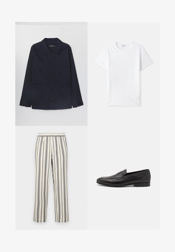 Marineblauwe katoenen jas met een spreidkraag, voor sluiting met knopen en twee voorste klepzakken. Voorzien van lange mouwen met knoopmanchetten.; Witte katoenen t-shirt, ronde halslijn, korte mouwen, gladde structuur, geen patronen of accenten, eenvoudig ontwerp, standaard pasvorm.; Gestreepte broek in een lichte crèmekleur met dunne grijze verticale strepen. Voorzien van een elastische tailleband en een rechte pijp.; Zwarte leren herenloafers met een lage hak en een klassiek pennystrap-ontwerp, getoond in zijaanzicht op een witte achtergrond.