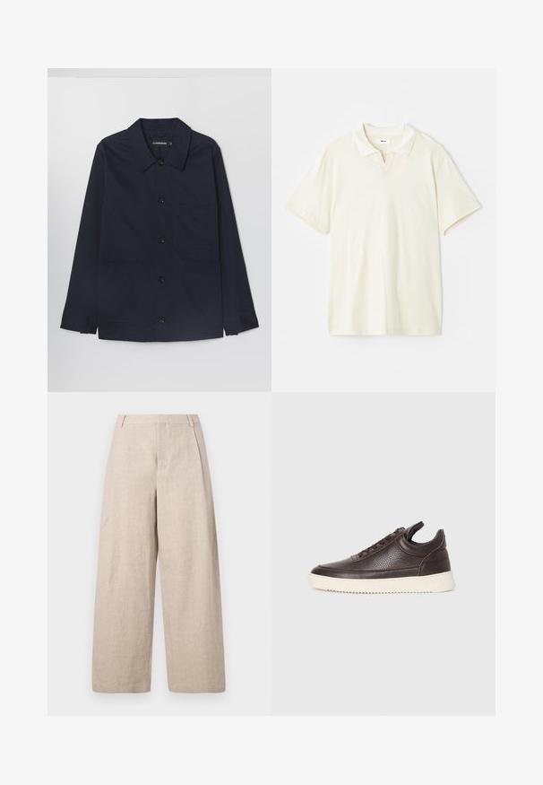 Navy cotton jacket with a spread collar, front button closure, and two front patch pockets. Features long sleeves with buttoned cuffs.; Cream-colored polo shirt with a classic collar, short sleeves, and a slight v-split at the neckline. Smooth texture and minimal design.; Holzweiler ALEX ONE PLEAT TROUSER - Trousers - ecru; Dark brown textured leather sneaker with lace-up front and white ridged rubber sole on a plain light background.