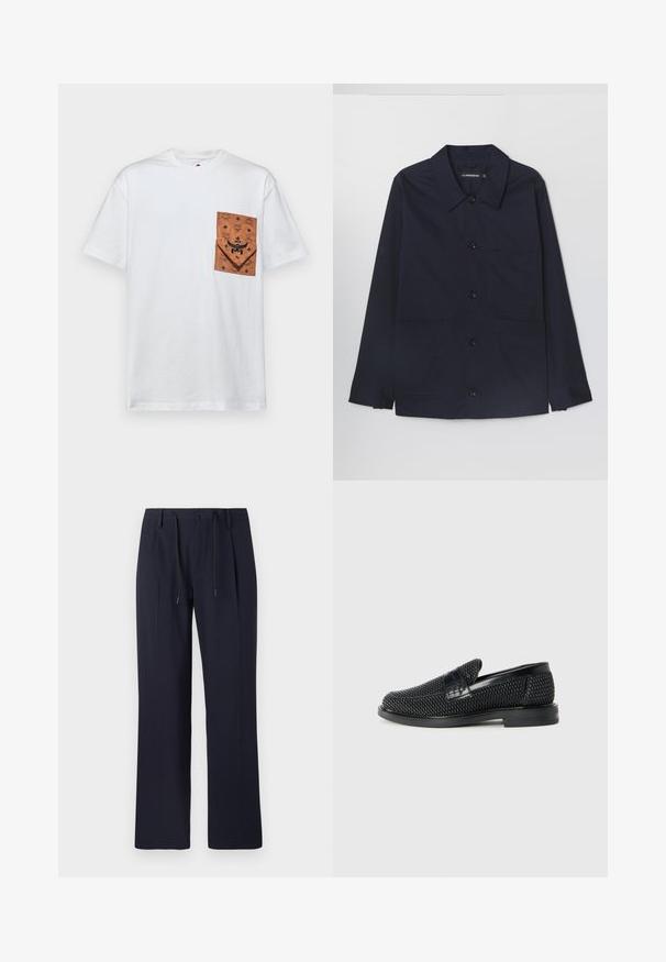 Marineblå bomuldsjakke med spredt krave, frontlukning med knapper og to frontlommer med klap. Har lange ærmer med knappedetaljer ved håndleddene.; MCM T-shirts print - white; Marineblå bukser med lige ben-design, fremstillet af struktureret stof. Har en frontlukning med knap og en justerbar snøring i taljen.; Sort vævet slip-on sko med en glat læderdetalje på overdelen, en rund tådesign og en lavprofil gummisål.