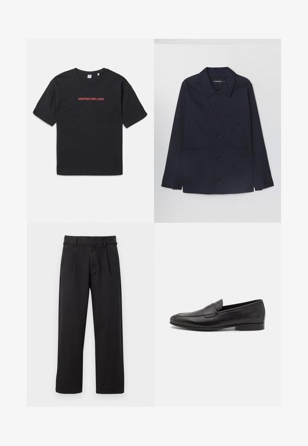 Marineblå bomuldsjakke med spredt krave, frontlukning med knapper og to frontlommer med klap. Har lange ærmer med knappedetaljer ved håndleddene.; Sort bomulds t-shirt med korte ærmer, prydet med rød tekst "HUNTING FOR LOVE" broderet på brystet. Enkel og afslappet pasform.; Sorte bomuldsbukser med lige snit, med plisseret front, bæltestropper og knaplukning. Glat tekstur uden mønstre.; Sort læder herre loafers med lav hæl og et klassisk penny strap design, vist i sideprofil på en hvid baggrund.