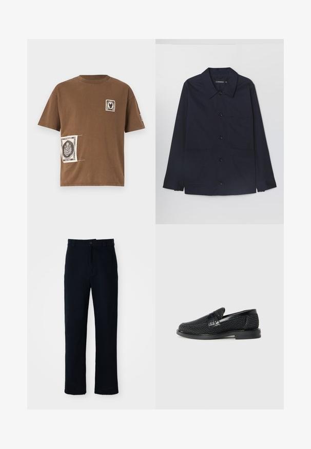 Laivaston värinen puuvillatakki, jossa on leveä kaulus, etunapitus ja kaksi etupatch-taskua. Ominaisuuksiin kuuluu pitkät hihat, joissa on napilla varustetut hihansuut.; Ruskea puuvillainen t-paita, jossa on pyöreä kaula-aukko. Paitassa on kaksi koristeellista paikkaa, jotka muistuttavat mustavalkoisista vintage-leimoista.; Tummansinisiä puuvillapantaloonia, joissa on suora lahjemuotoilu, etupainikekiinnitys ja klassinen vyötärö vyölenkeillä.; Musta kudottu liukupohjallinen kenka, jossa on sileä nahkakorostus päällisessä, pyöreä kärki ja matala kumipohja.