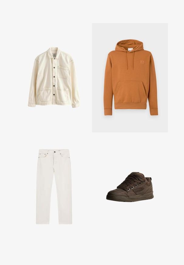 Světle béžová bunda vyrobená z plátna. Má knoflíkovou přední část, límec, dvě přední kapsy a kontrastní švy. Klasický volný střih.; Hnědá bavlněná mikina s kapucí, přední kapsou a žebrovanými manžetami. Na hrudi se nachází malé vyšívané logo značky.; Pár off-white džínů s rovný střih, pěti kapsami a černými kovovými prvky vpředu. Hladká textura.; Hnědé sportovní boty vyrobené z hladkého syntetického materiálu. Mají silné šňůrky, síťované detaily, polstrovaný límec a texturovanou gumovou podrážku.