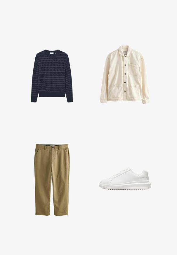 Helle beige Jacke aus Canvas. Mit einer Knopfleiste vorne, einem Kragen, zwei Vordertaschen und kontrastierenden Nähten. Klassische, lockere Passform.; Marineblauer Strickpullover mit einem strukturierten Muster aus wechselnden horizontalen Streifen. Mit Rippenbündchen an den Ärmeln und am Ausschnitt, gefertigt aus einem weichen Stoff.; Khakifarbene Chinos aus Baumwollmischung, mit zwei Seitentaschen, einem Knopfverschluss, geradem Bein und glatter Textur.; Weißer Sneaker mit einem glatten synthetischen Obermaterial, runder Spitze, flachen Schnürsenkeln, strukturiertem Sohlen und einem geschichteten, Plattform-Design für zusätzlichen Halt.