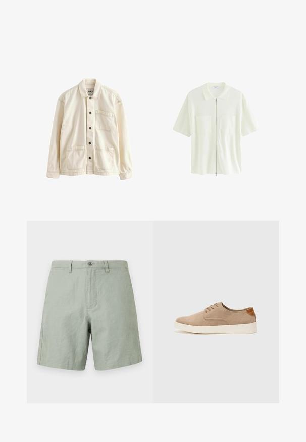 Lys beige jakke lavet af canvas. Har knaplukning fortil, krave, to forlommer og kontraststikninger. Klassisk afslappet pasform.; Kortærmet, hvid zip-shirt lavet af struktureret stof, med krave og to forlommer med firkantede klapper.; Lys grønne linned shorts med flad front, enkelt knaplukning og sidelommer. Flad kant med minimale syninger.; Beige ruskinds sneakers med rund tå, snørebånd foran og en struktureret rygdetalje. Hvid gummisål giver kontrast. Enkel og moderne design.