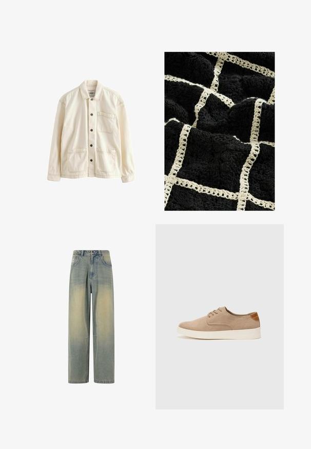 Svetlo bež jakna iz platna. Ima zaponko spredaj, ovratnik, dva sprednja žepa in kontrastne šive. Klasičen sproščen kroj.; Črna teksturirana odeja z wovanjem v kremni barvi, ki prikazuje mrežni vzorec, z dvignjenimi cvetličnimi motivi in mehkimi, puhastimi zaključki.; Svetlo modri poletni traper hlače širokega kroja z zbledelim gradientom, ki imajo pet žepov in klasičen pas z očesi za pas.; Bež tkanine usnjene superge z zaobljenim nosom, vezalkami na sprednji strani in teksturiranim zadnjim detajlom. Belo gumijasto podplato zagotavlja kontrast. Enostaven in sodoben dizajn.