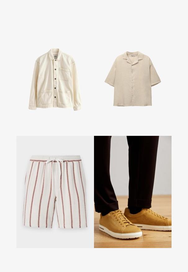Helle beige Jacke aus Canvas. Mit einer Knopfleiste vorne, einem Kragen, zwei Vordertaschen und kontrastierenden Nähten. Klassische, lockere Passform.; Beige Kurzarmhemd aus leichtem Stoff, mit einem eingearbeiteten Kragen und fünf Knöpfen auf der Vorderseite, in lockerer Passform.; Baumwollshorts mit einem Kordelzugbund, cremefarbenem Hintergrund und vertikalen rostfarbenen Streifen, strukturiertem Stoff und lässiger Passform.; Gelbe gestreifte Sneakers mit weißen Sohlen, runde Zehenpartie, Schnürdesign und strukturierter Oberfläche, getragen mit schwarzen hochgekrempelten Hosen auf einem Holzboden.