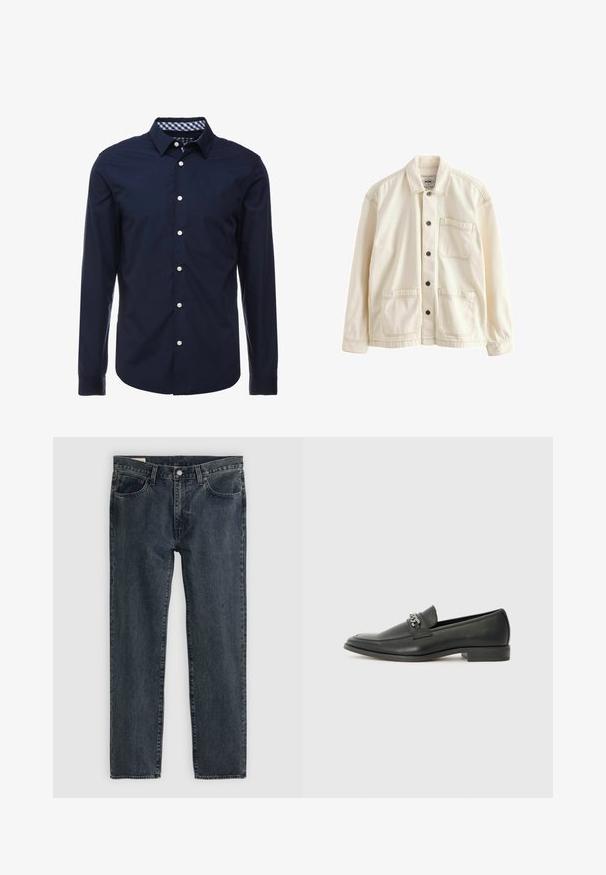 Helle beige Jacke aus Canvas. Mit einer Knopfleiste vorne, einem Kragen, zwei Vordertaschen und kontrastierenden Nähten. Klassische, lockere Passform.; Marineblaue Langarmbluse mit einem Button-Down-Kragen, kontrastierendem kariertem Innenkragen und weißen Knöpfen auf der Vorderseite. Glatte Textur.; Dunkelblaue Jeans aus Denim mit geradem Bein, fünf Taschen und einem Knopfverschluss. Der Stoff weist eine subtile Ausbleichung und Textur auf.; Schwarzer Lederloafer mit glatter Oberfläche, ausgestattet mit einer gesteppten Gestaltung und einem dekorativen Metallkettendetail über dem Vorderblatt. Flacher Absatz.