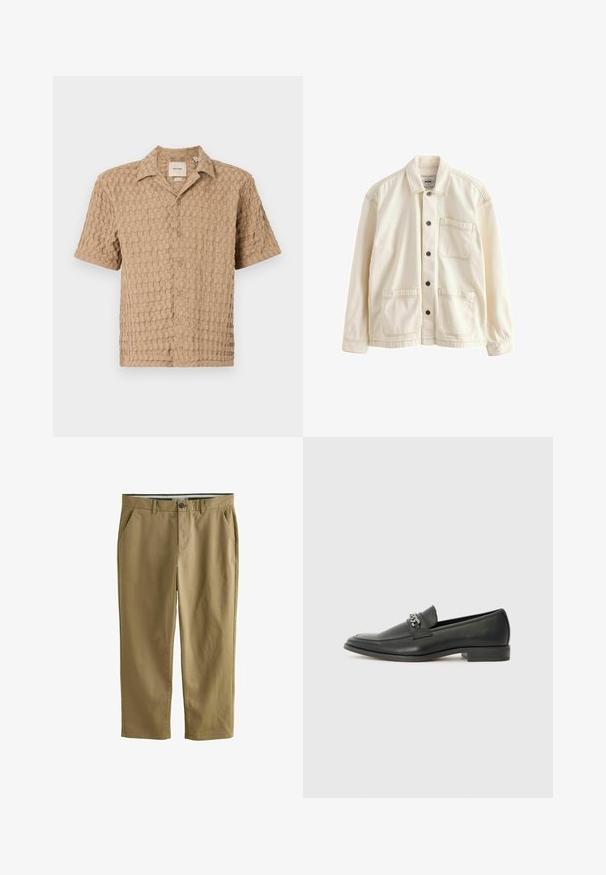 Šviesiai bežinis švarkas, pagamintas iš kanvos. Yra mygtukų užsegimas priekyje, apykaklė, dvi priekinės kišenės ir kontrastingas siūlų siuvimas. Klasikinis laisvas kirpimas.; Šviesiai ruda trumpų rankovių marškinėliai su tekstūruotu audinio raštu, su mygtukais priekyje ir apykakle. Minkšta medžiaga, laisvas siluetas, tinkami kasdieniam dėvėjimui.; Chaki chino kelnės, pagamintos iš medvilnės mišinio, su dviem šoniniais kišenėmis, mygtukų užsegimu, tiesiomis kojomis ir lygiu paviršiumi.; Juodos odinės loafer tipo bateliai su lygiu paviršiumi, turintys siuvinėtą dizainą ir dekoratyvų metalo grandinėlės akcentą ant batų viršaus. Plokščias kulnas.