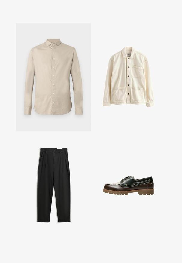 Vaaleanbeige kangastakki. Varustettu napitettavalla edessä, kauluksella, kahdella etutaskulla ja kontrastivärisillä ompeleilla. Klassinen rento leikkaus.; Beige pitkähihaine nappi-paita, jossa on terävä kaulus, kuusi etunappia ja säädettävä istuvuus.; Mustat puuvillahousut rentoa mallia, joissa on klassinen vyötärö, etukangastukset ja sivutaskut. Sileä pinta ilman kuvioita.; Ruskea ja vihreä nahkaveneilykenkä, jossa on valkoinen ompelukuvio, pyöreät nauhat ja uurrettu kumipohja. Kestävä rakenne metallikauluksilla.