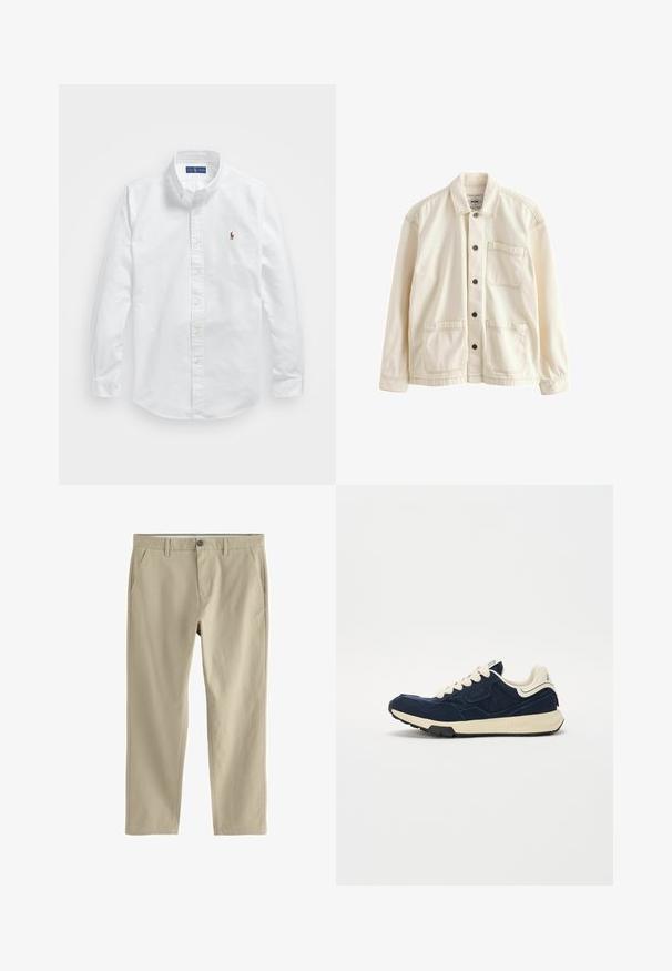 Gai bēšs jaka, kas izgatavota no kanvas. Raksturīgs pogu aizdare priekšā, apkakle, divas priekšējās kabatas un kontrastējošas šuves. Klasiska brīva piegriezuma.; Balts kokvilnas krekliņš ar pogām, klasisku apkakli, garām piedurknēm un mazu izšūtu logotipu kreisajā krūtī.; Bēšas taisnas bikses ar jostas cilpām, divām sānu kabatām, priekšā poga un rāvējslēdzēja aizdare.; Tumši zili sporta apavi ar teksturētu zamša augšdaļu, krēmkrāsas šņorēm un bēšu vidusdaļu. Iespējo klasisku sporta dizainu un gumijas zoli.