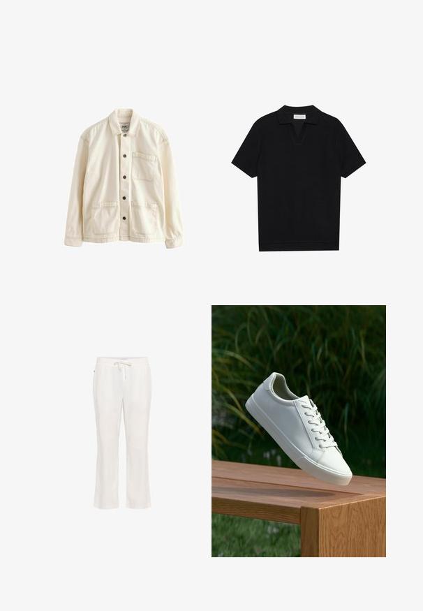 Helle beige Jacke aus Canvas. Mit einer Knopfleiste vorne, einem Kragen, zwei Vordertaschen und kontrastierenden Nähten. Klassische, lockere Passform.; Schwarzes Kurzarm-Polohemd aus texturiertem, geripptem Stoff, mit einem V-Ausschnitt und geradem Saum. Keine sichtbaren Logos oder Muster.; Leichte, weiße Leinenhosen mit elastischem Bund und Kordelzug. Gerades Bein Design mit glatter Textur und ohne auffällige Muster.; Weiße Schnürsneaker, die über einer Holzbank mit grünem Laub im Hintergrund schweben und das Schuhdesign sowie die Textur zeigen.