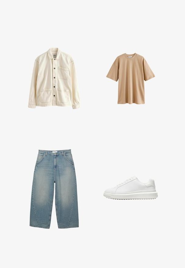Ljusbeige jacka gjord av canvas. Har en knäppning framtill, krage, två framfickor och kontrasterande sömmar. Klassisk avspänd passform.; Kortärmad beige t-shirt i bomull med rund hals och avslappnad passform, med en slät yta utan mönster eller detaljer.; PULL&BEAR MEGA BAGGY - Baggy jeans - stone blue denim; Vit sneaker med en slät syntetisk ovandel, rund tå, platta snörningar, strukturerad sula och en lager-på-lager plattformdesign för extra höjd.