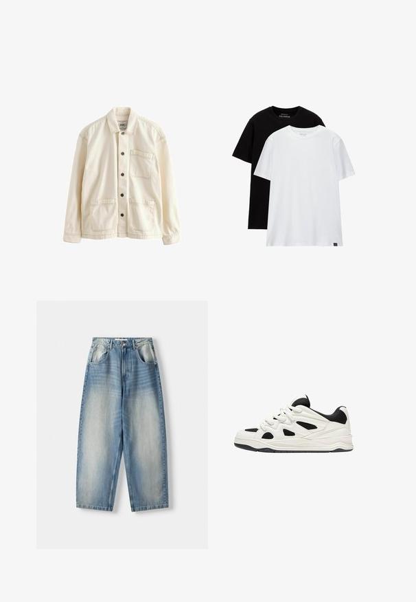 Vaaleanbeige kangastakki. Varustettu napitettavalla edessä, kauluksella, kahdella etutaskulla ja kontrastivärisillä ompeleilla. Klassinen rento leikkaus.; Kaksi normaalia mallia olevaa t-paitaa, yksi musta ja yksi valkoinen, puuvillasta valmistetut. Lyhyet hihat ja pyöreä pääntie, jossa näkyvä etiketti alareunassa.; Vaaleansiniset farkut, joissa on rento istuvuus, suorat lahkeet, etutaskut ja nappikiinnitys vyötäröllä.; Valkoiset ja mustat urheilukengät, joissa on teksturoitu pohja, sivuilla leikkauksia ja nauhoja, sekä pehmustettu takapohja tuen tarjoamiseksi.