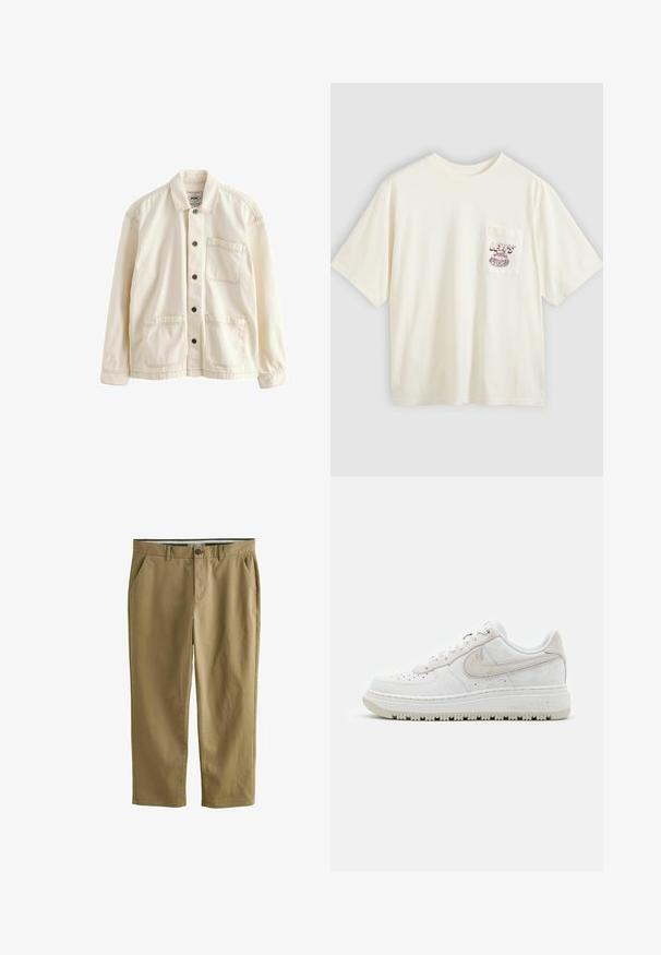 Svetlo béžová bunda vyrobená z plátna. Má zapínanie na gombíky, golier, dve predné vrecká a kontrastné švy. Klasický uvoľnený strih.; Béžové bavlnené tričko s krátkym rukávom, vybavené ľavým náprsným vreckom a bordovým grafickým textom a dizajnom. Voľný strih a okrúhly výstrih.; Khaki chinos vyrobené z bavlneného zmesi, s dvoma bočnými vreckami, zapínaním na gombík, rovnými nohavicami a hladkou textúrou.; Nike Sportswear AIR FORCE 1 LUXE HO21 - Tenisky - summit white/light bone