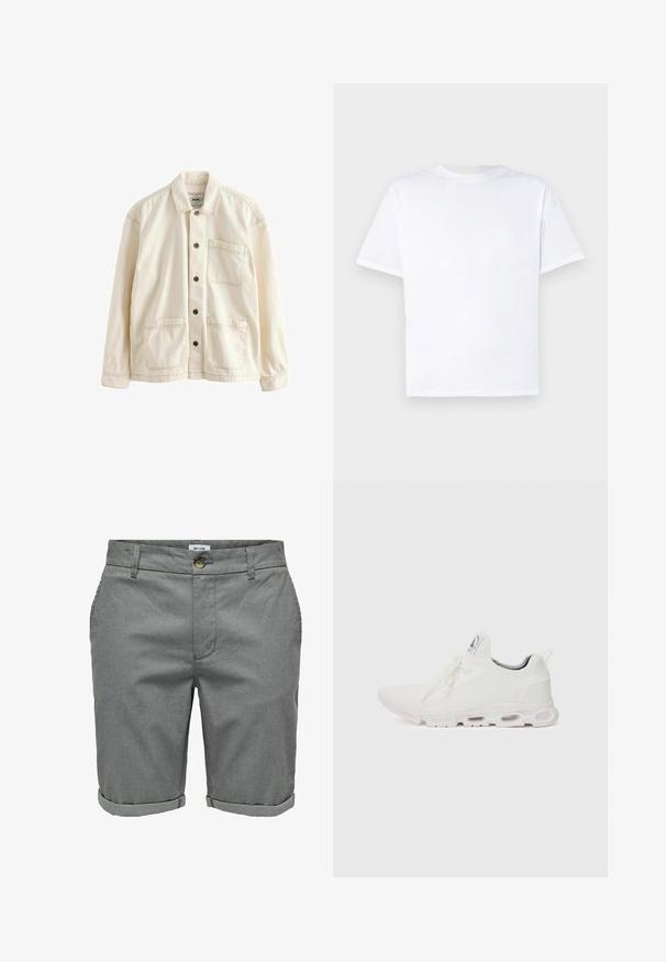 Giacca beige chiara in tessuto canvas. Presenta una chiusura con bottoni, colletto, due tasche frontali e cuciture a contrasto. Vestibilità classica e rilassata.; T-shirt bianca in cotone con collo rotondo e maniche corte. Tessuto liscio, taglio dritto, senza motivi né dettagli. Solo vista posteriore.; Pantaloni corti grigi in tessuto testurizzato, dotati di chiusura con bottone, tasche laterali e risvolti per un aspetto curato.; Scarpe atletiche bianche con tomaia in maglia testurizzata, lacci piatti e una suola ammortizzata con camere d'aria visibili per un supporto aggiuntivo.