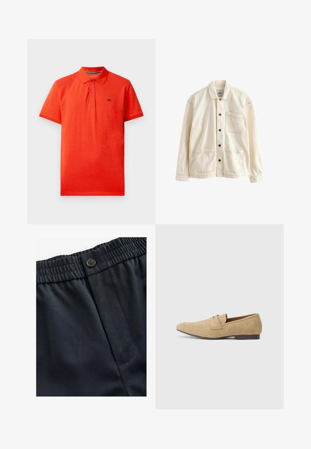 Gai bēšs jaka, kas izgatavota no kanvas. Raksturīgs pogu aizdare priekšā, apkakle, divas priekšējās kabatas un kontrastējošas šuves. Klasiska brīva piegriezuma.; Sarkans polo krekls no kokvilnas, ar apkakles izgriezumu, trīs pogu aizdari, īsām piedurknēm un mazu logotipu kreisajā krūtī.; Tums zila, viegla auduma ar gludu tekstūru. Iespējo elastīga jostasvieta ar pogu aizdari un vienu sānu kabatu.; Zābaki no zamša gaiši brūnā krāsā ar nelielu mirdzumu, ar noapaļotu purngalu, bezsaišu dizainu un zemu brūnu papēdi. Smalks šuvju detalizējums.