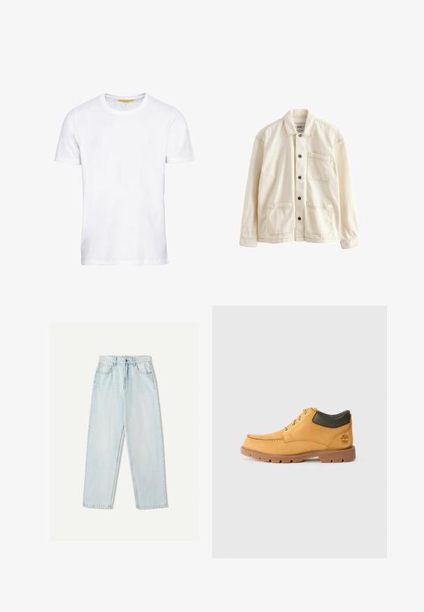 Lichtbeige jacket van canvas. Voorzien van een knoopsluiting aan de voorkant, een kraag, twee zakken aan de voorkant en contrasterende stiksels. Klassieke, ontspannen pasvorm.; Witte korte mouwen t-shirt van katoen, met een ronde hals, rechte snit en een klein logo-detail op de voorkant.; Lichtblauwe denim jeans met een relaxte pasvorm, recht model, vijf zakken en subtiele vervaging in de stof.; Geel leren schoen met een bruine rubberen zool, ronde neus en groene leren enkeldetail. Bevat gouden oogjes en stiksels.